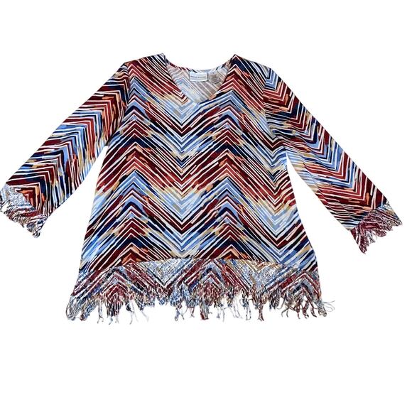 Alfred Dunner Boho Zig Zag Multicolor Fringe Long Sleeve Women's Blouse Large - Picture 9 of 9